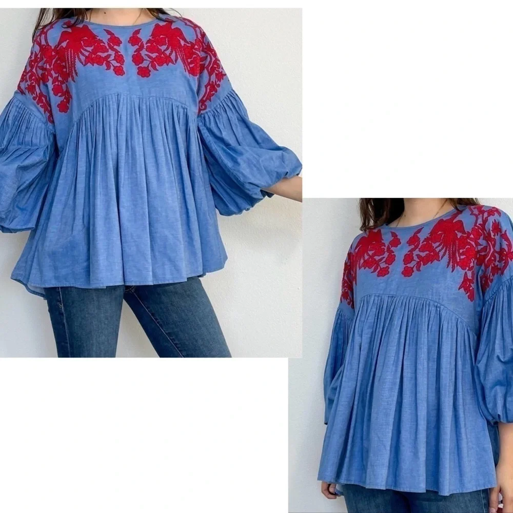 Anthropologie Hemant & Nandita Women's blue red Embroidered Lianna Top Blouse S - Picture 3 of 14